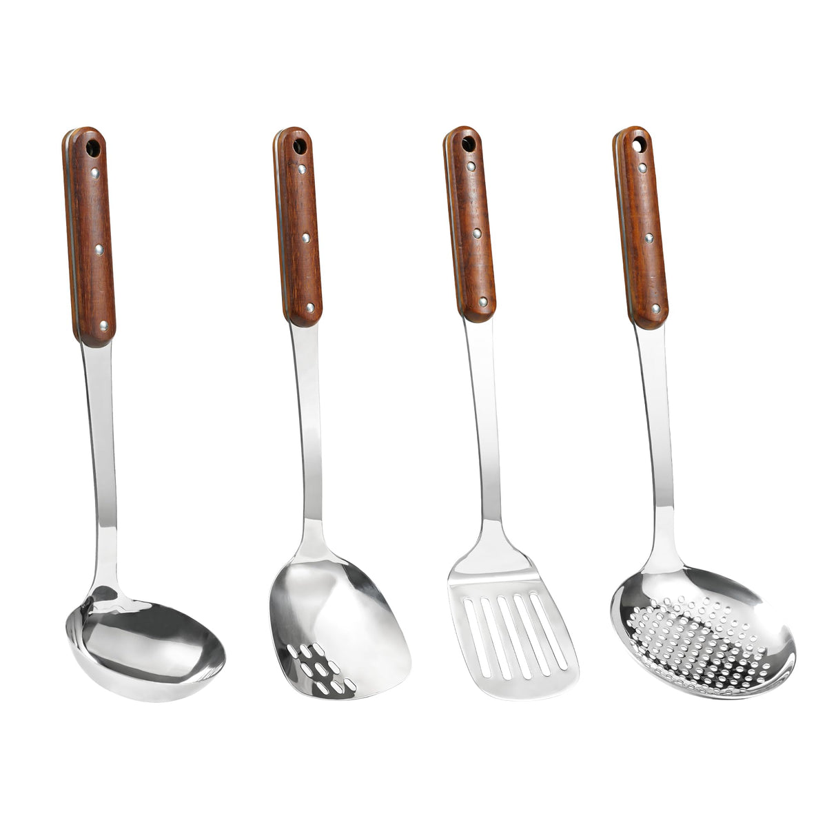 FJNATINH Stainless Steel Cooking Utensils Set, Mirror Polished 6 Pieces Kitchen Utensils Set, Kitchen Tools Set With Wooden Handle Non-Stick Heat Resistant,Dishwasher Safe, Easy to Clean