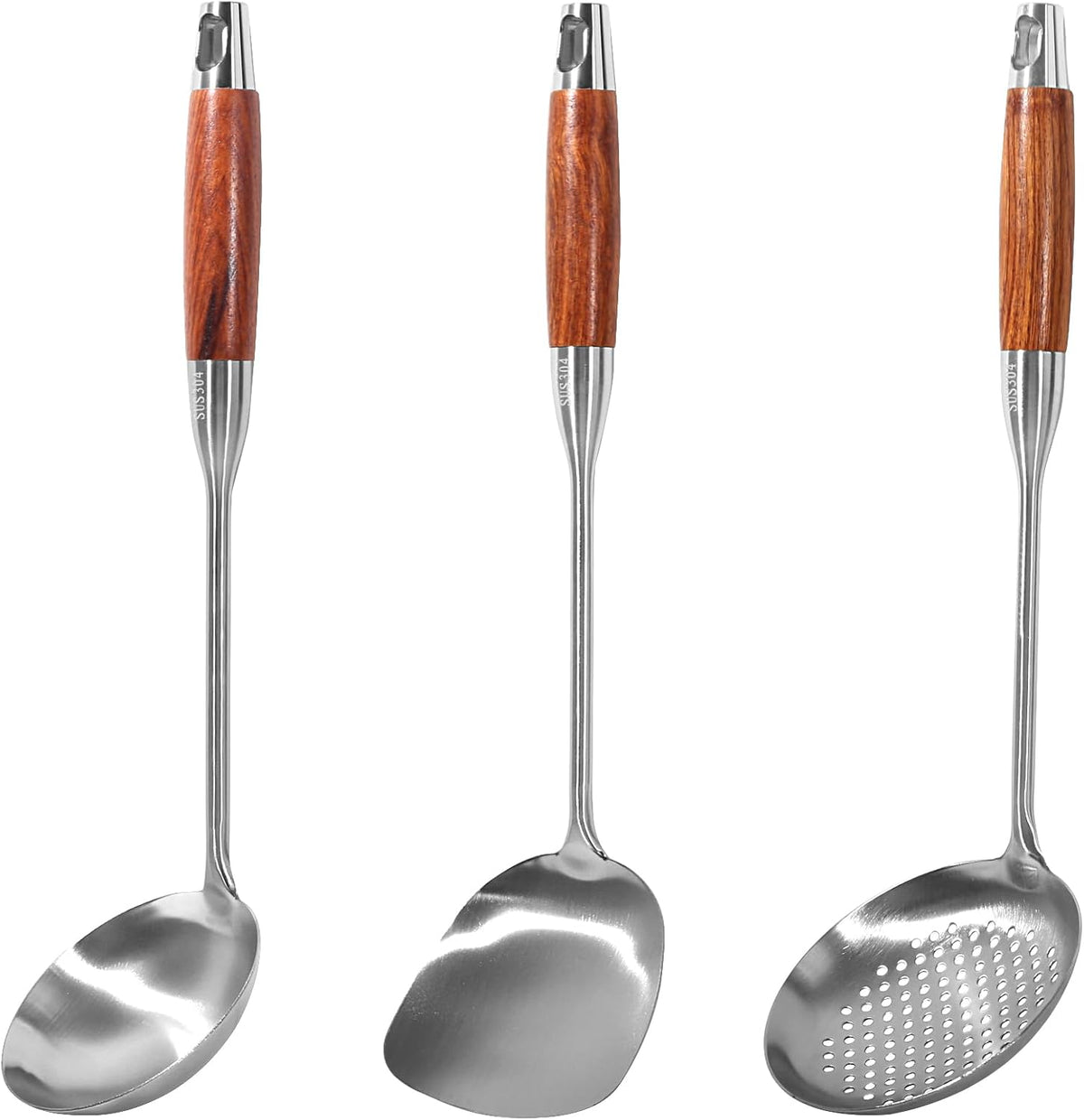 304 Stainless Steel Wok Utensils Set, 3-Piece 15 Inch Extra Long Professional Wok Tools with Wooden Handle, Includes Spatula, Skimmer & Soup Ladle for Carbon Steel Wok