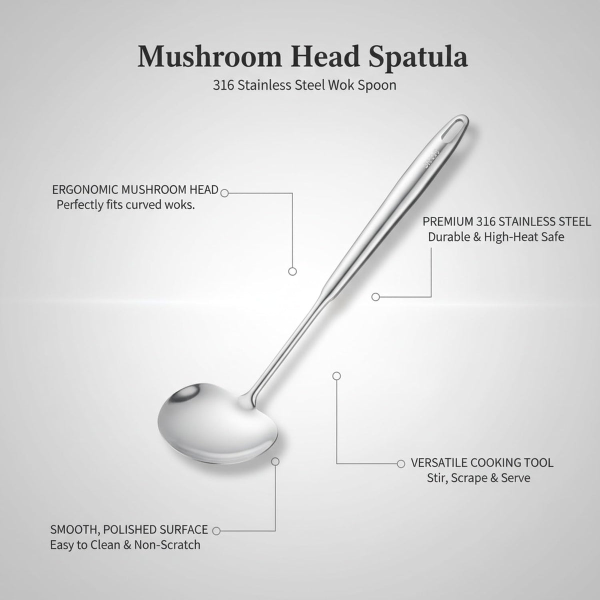 316 Stainless Steel Mushroom Head Spatula for Woks & Curved Pans, Ergonomic Stir Fry Spoon for Cleaning and Flipping