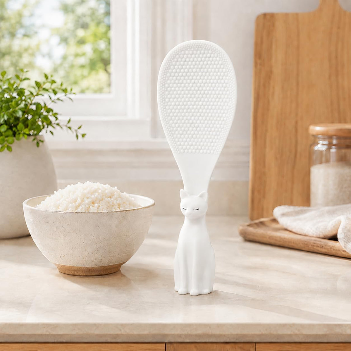Cat Rice Scoop, Self-Standing Rice Paddle, Made in Korea (White)