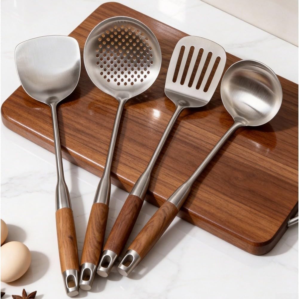 316L Stainless Steel Wok Spatula Set Wooden Handle