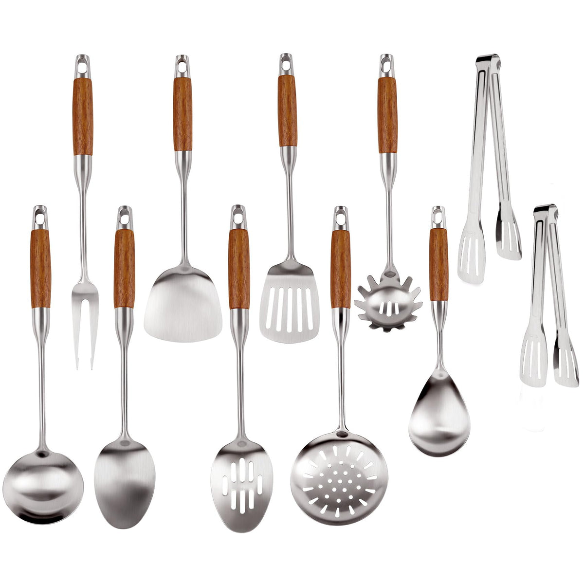 2PCS Soup Ladle Stainless Steel and Slotted Spoon Set, 304 Wok Utensils Set with Wooden Handle, Metal Strainer Spoon for Cast Iron/Carbon Steel Wok