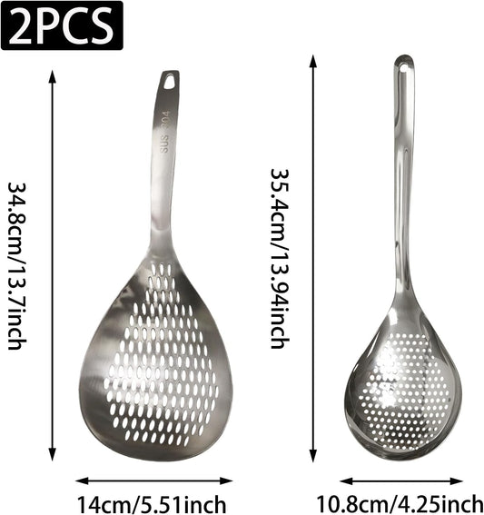 2Pcs 2 Sizes Silver Stainless Steel Slotted Spoon & Spider Strainer