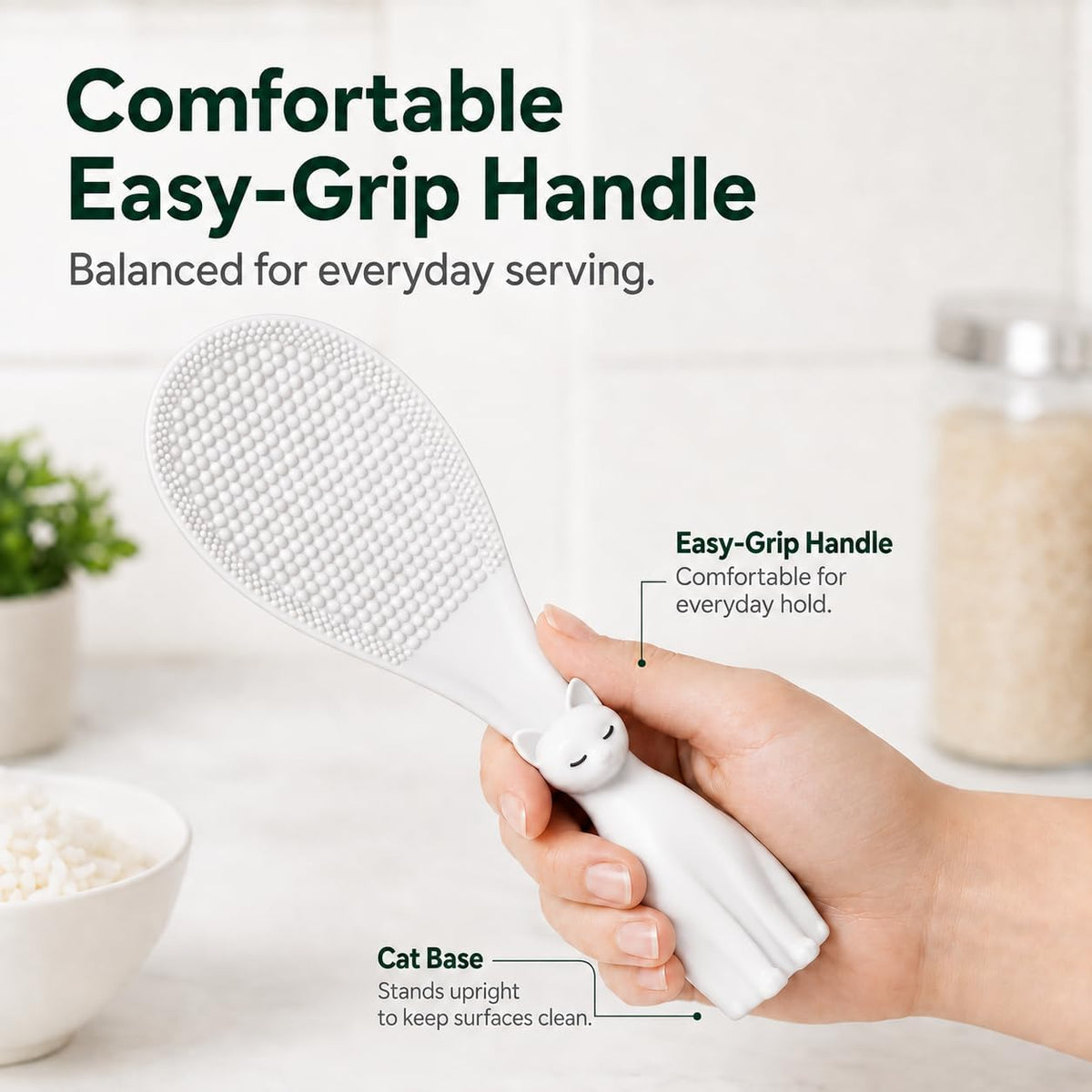 Cat Rice Scoop, Self-Standing Rice Paddle, Made in Korea (White)