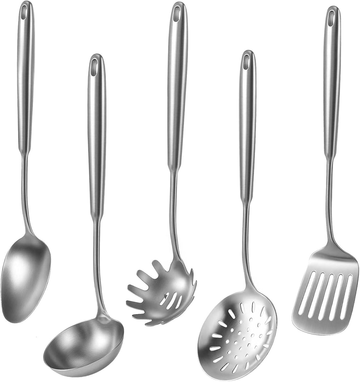 5 Pcs Newness Cooking Utensils Set, 304 Stainless Steel Kitchen Utensils Set, Metal Kitchen Accessories, Including Soup Ladle, Slotted Skimmer Spoon, Spaghetti Spoon and Spatula, Dishwasher Safe