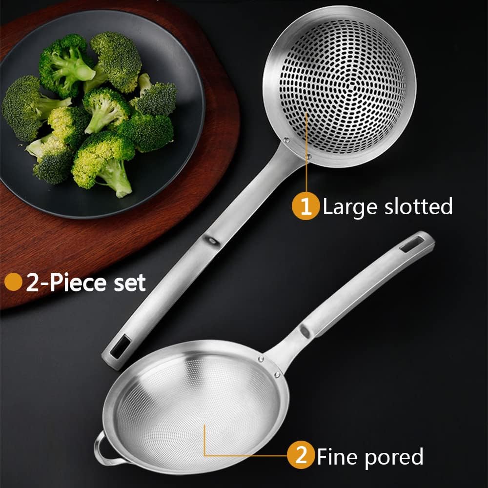 Fine Mesh Stainless Steel Metal With HoleSieve Food Strainer Grease Spider Skimmer And With Handle Large Holes Slotted Colander Frying Spoon Set,Handheld For Kitchen Cooking And Filter Food Residues