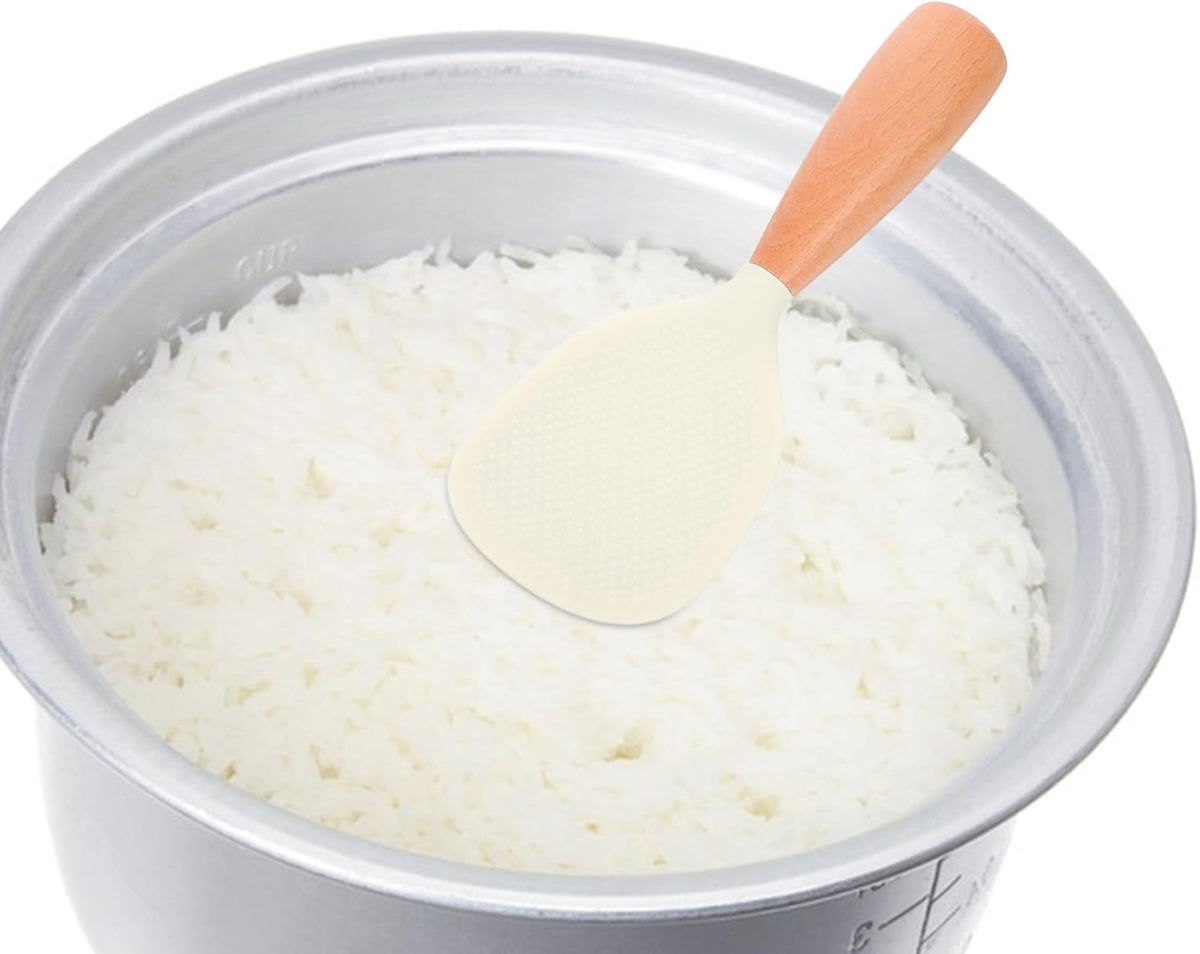 MAGICLULU Heat Resistant Silicone Rice Serving Spoon with Wooden Handle Self-Standing Non-Stick Spatula for Rice Cooker 8.26In Kitchen Scoop
