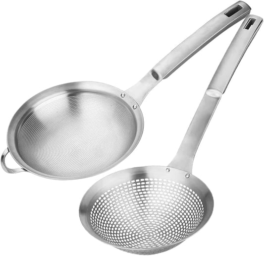 Fine Mesh Stainless Steel Metal With HoleSieve Food Strainer Grease Spider Skimmer And With Handle Large Holes Slotted Colander Frying Spoon Set,Handheld For Kitchen Cooking And Filter Food Residues