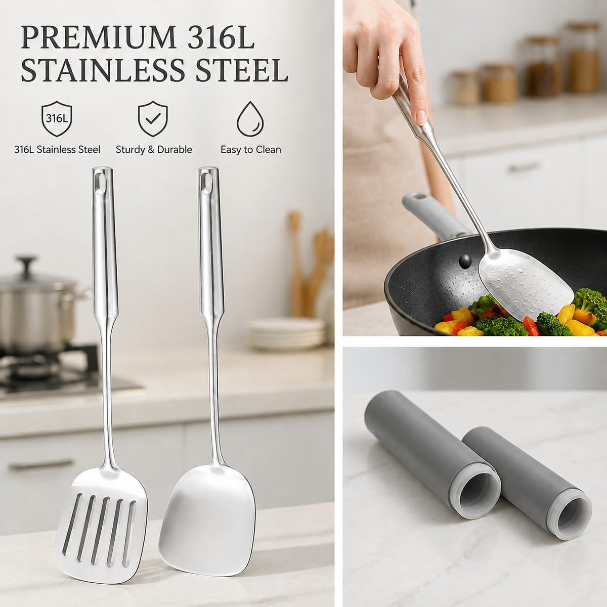 316L Stainless Steel Metal Spatula Set with Heat Resistant Handle Covers