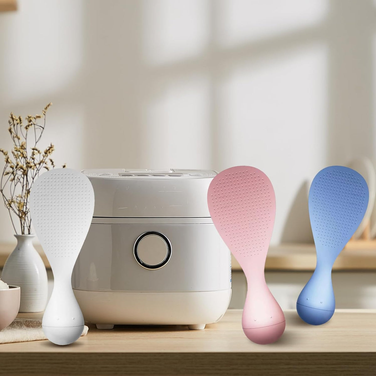 Never-Fall Pink Standing Rice Spoon – Self-Standing Tumbler Base, Hygienic Non-Slip Design for Countertops & Easy Storage
