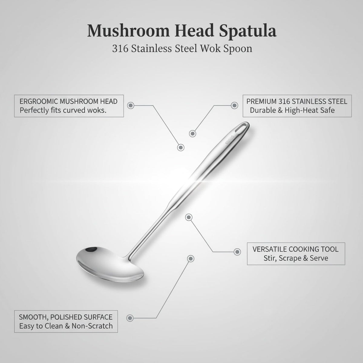 316 Stainless Steel Mushroom Head Spatula for Woks & Curved Pans, Ergonomic Stir Fry Spoon for Cleaning and Flipping