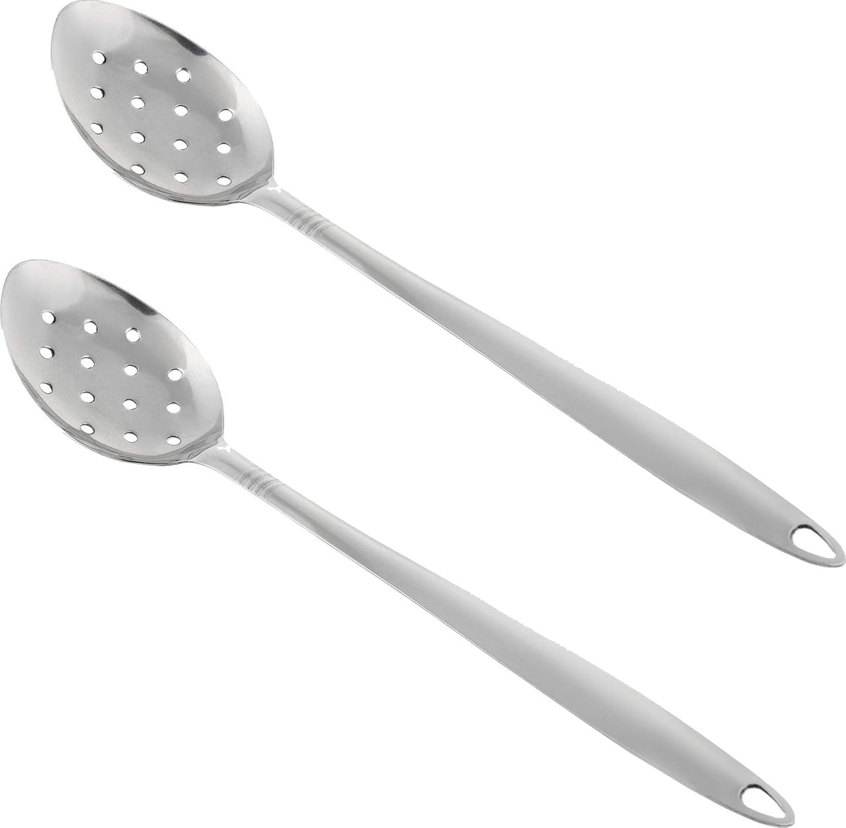 Large Metal Cooking Spoon with Holes- Pack of 2 - Stainless Steel Slotted Serving Spoon - Perforated Metal Spoon with Long Handle