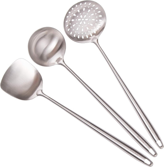 17″ Wok Spatula and Ladle, Skimmer Spoon - 304 Stainless Steel Wok Tool Set