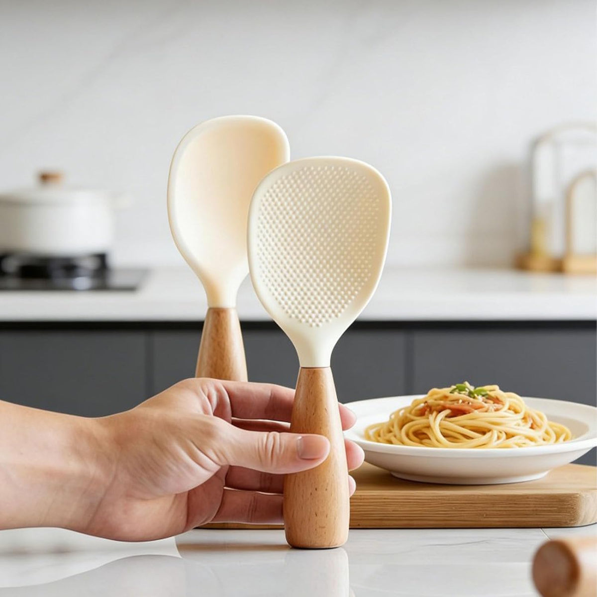 Short Wooden Handle Silicone Spatula, Silicone Standing Rice Spatula with Non-stick Wooden Paddle, Heat Resistant Rice Cooker Spoon for Cooking, Mixing, Serving (White)