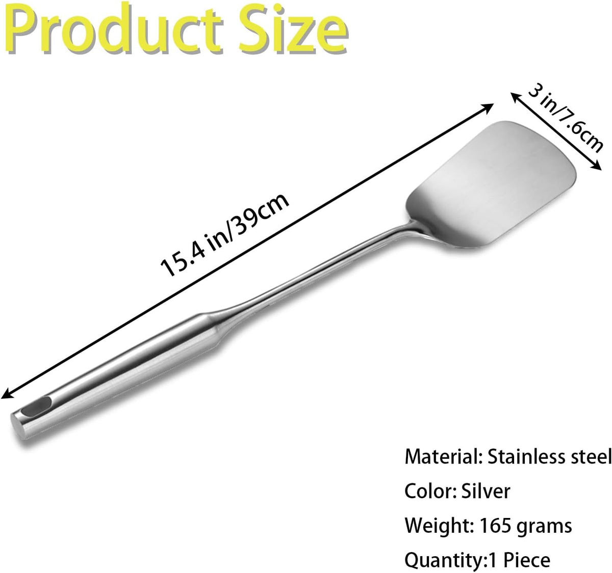 Stainless Steel Wok Spatula,Metal Flipper for Kitchen Cooking,Extra Long Handle Wide Cooking Scraper,Heavy Duty Pancake Turner,Silver,15.4 Inches,1 Piece