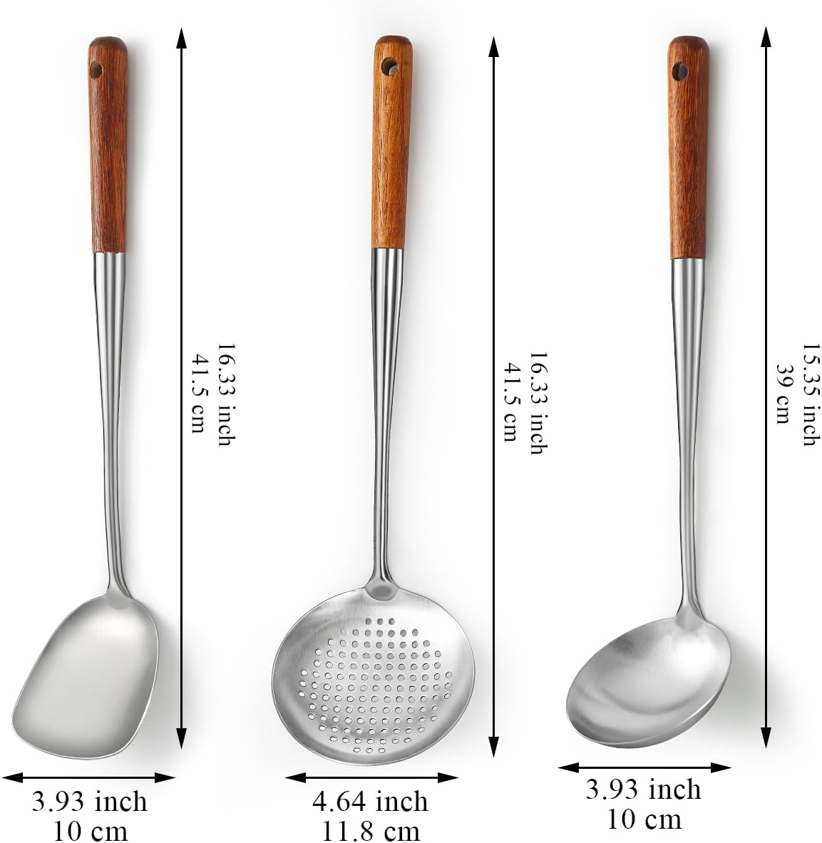 Evanda Wok Spatula Set 17", Heat Resistant Wood Handle Stainless Steel Wok Tools, Ladle, Metal Spatula, Kitchen Skimmer, Professional Kitchen Cooking Utensils Set, Wok Accessories Dishwasher Safe