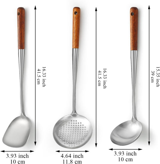 Evanda Wok Spatula Set 17", Heat Resistant Wood Handle Stainless Steel Wok Tools, Ladle, Metal Spatula, Kitchen Skimmer, Professional Kitchen Cooking Utensils Set, Wok Accessories Dishwasher Safe