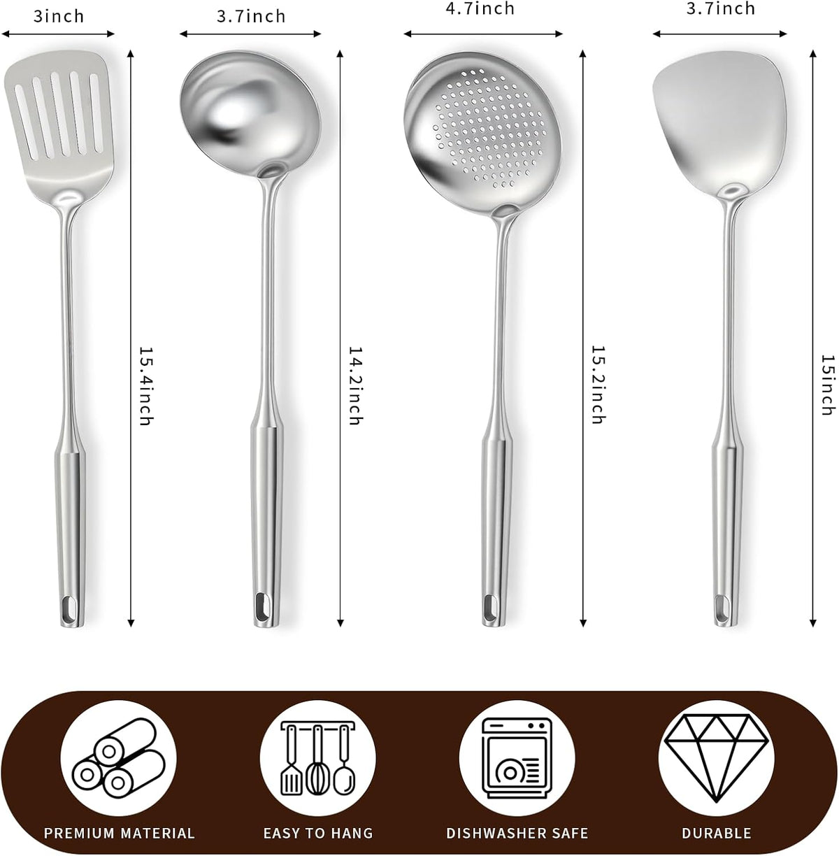 Wok Spatula Set, Stainless Steel Turner & 4-Piece Cooking Utensils, Metal Kitchen Utensil Set Include Solid Slotted Turner, Serving Spoon, Ergonomic Handle, Easy Clean