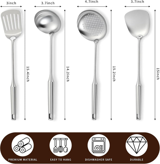 Wok Spatula Set, Stainless Steel Turner & 4-Piece Cooking Utensils, Metal Kitchen Utensil Set Include Solid Slotted Turner, Serving Spoon, Ergonomic Handle, Easy Clean