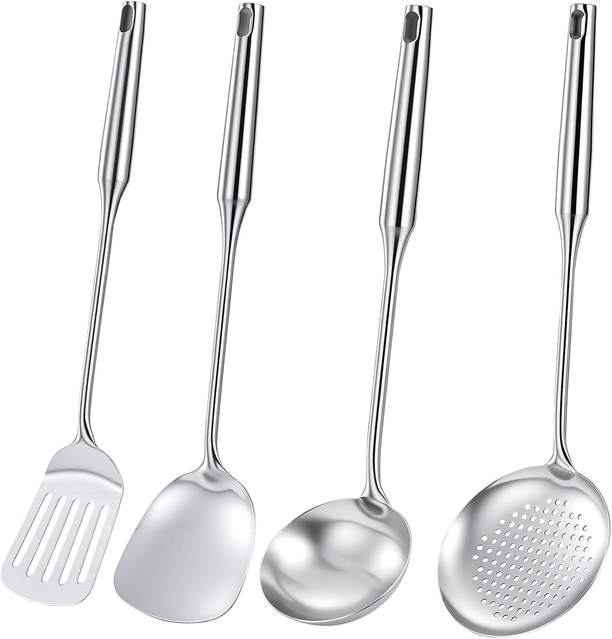 Wok Spatula Set, Stainless Steel Turner & 4-Piece Cooking Utensils, Metal Kitchen Utensil Set Include Solid Slotted Turner, Serving Spoon, Ergonomic Handle, Easy Clean
