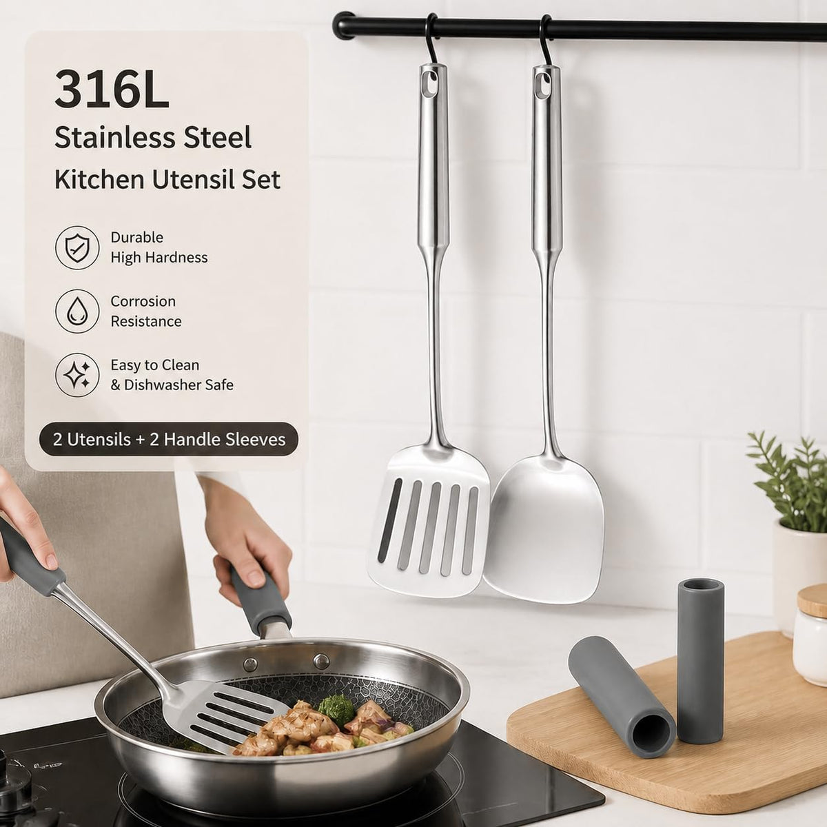 316L Stainless Steel Metal Spatula Set with Heat Resistant Handle Covers