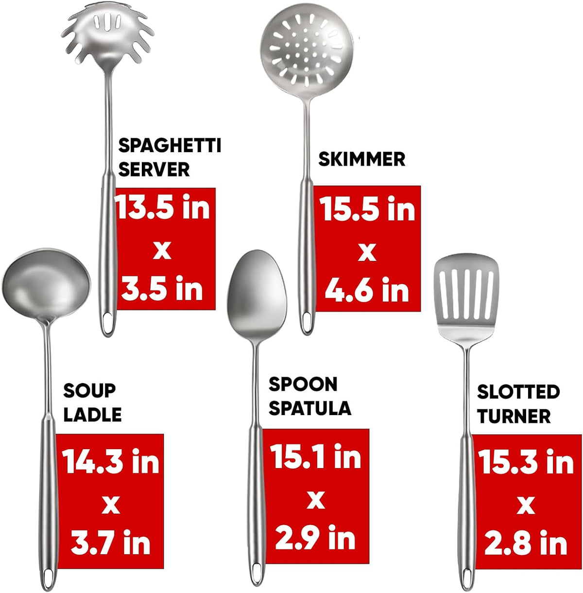 5 Pcs Newness Cooking Utensils Set, 304 Stainless Steel Kitchen Utensils Set, Metal Kitchen Accessories, Including Soup Ladle, Slotted Skimmer Spoon, Spaghetti Spoon and Spatula, Dishwasher Safe