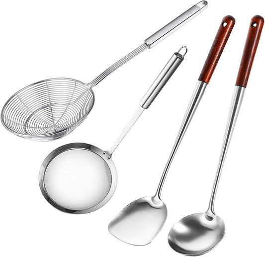 Durable 304 Stainless Steel Wok Ladle Oil Soup Spoon, Wok Spatula, Hot Pot Fine Mesh Fat Skimmer Spoon, Spider Strainer Set |4Pcs Cooking Utensils|