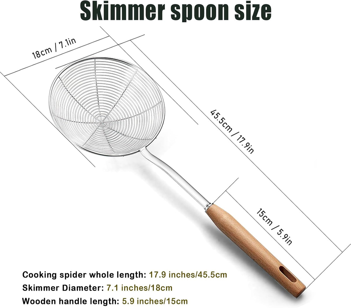 IQCWOOD Spider Strainer & Slotted Spoon, 7.1 inch Skimmer with Wood Handle