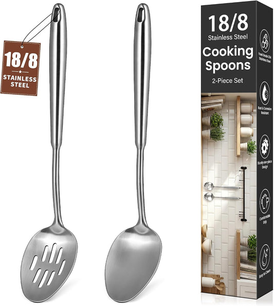 2 Pcs Stainless Steel Cooking Spoons Set, 304 Solid & Slotted Metal Serving Spoons, Heavy Duty Sturdy Large Soup Ladle, High Heat Resistant Kitchen Utensils for Mixing, Stirring, Dishwasher Safe