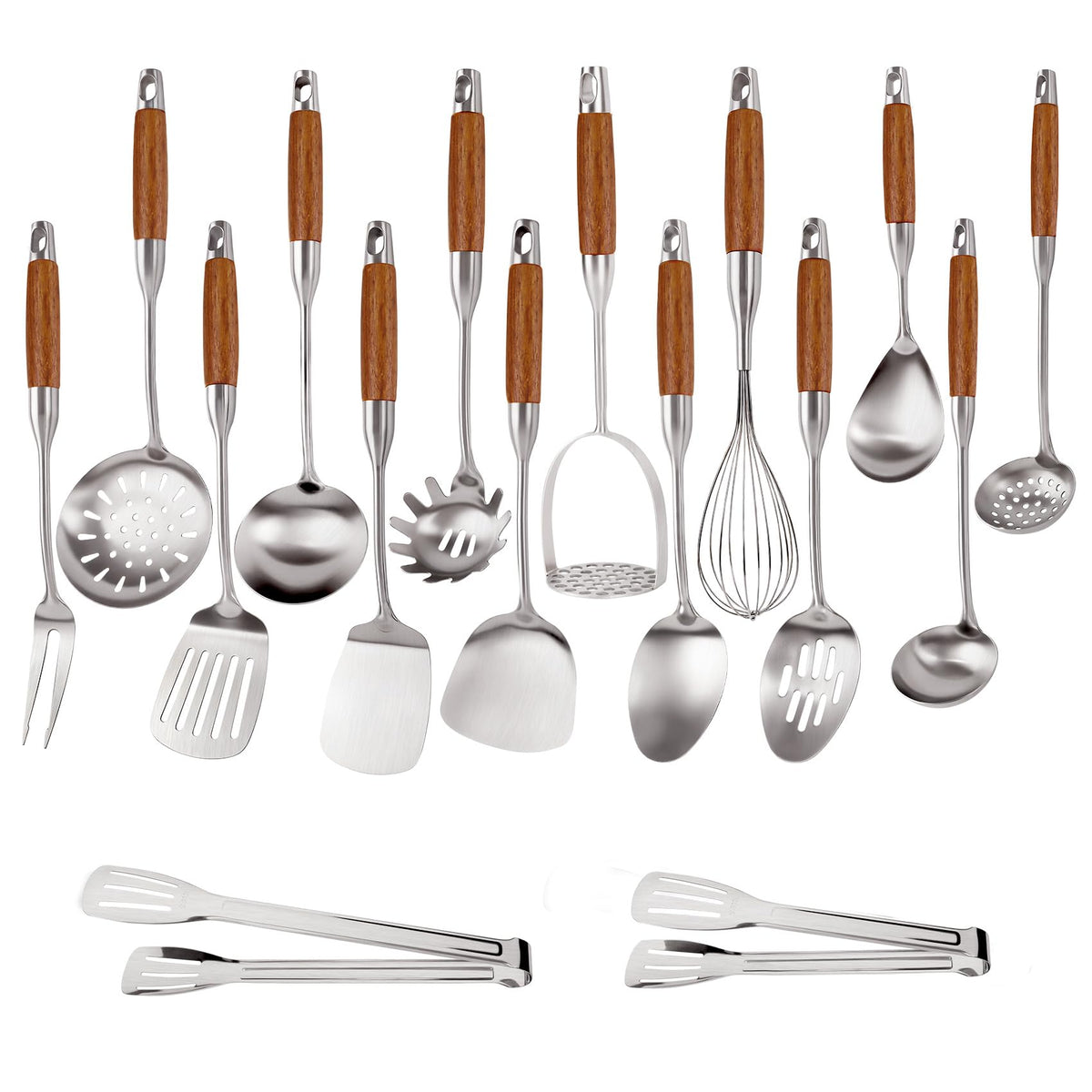 2PCS Soup Ladle Stainless Steel and Slotted Spoon Set, 304 Wok Utensils Set with Wooden Handle, Metal Strainer Spoon for Cast Iron/Carbon Steel Wok