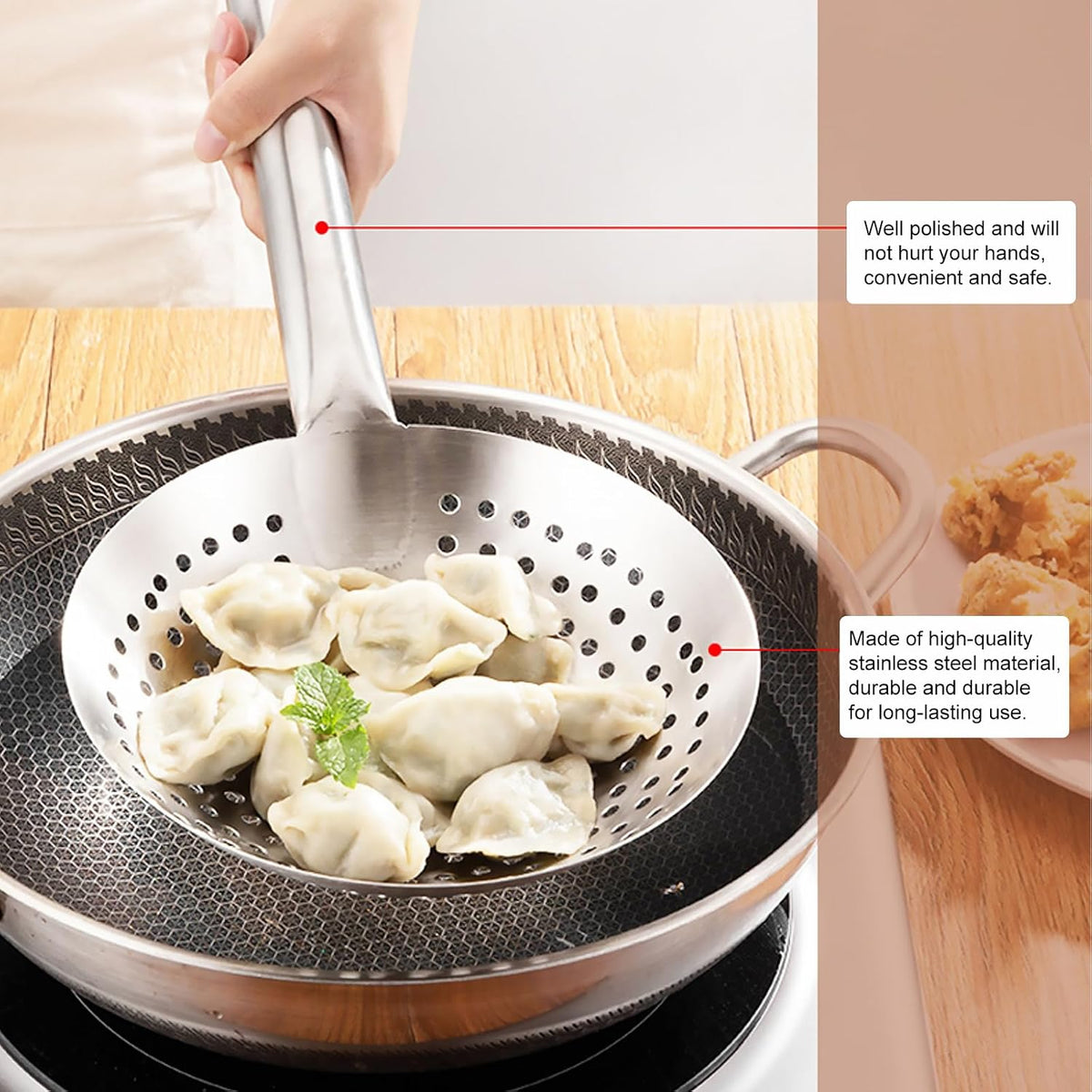 Slotted Spoon Stainless Steel, 16.9 Inch Heavy Duty Skimmer with Handle, Kitchen Strainer Ladle for Kitchen, Diameter 9.4 Inches