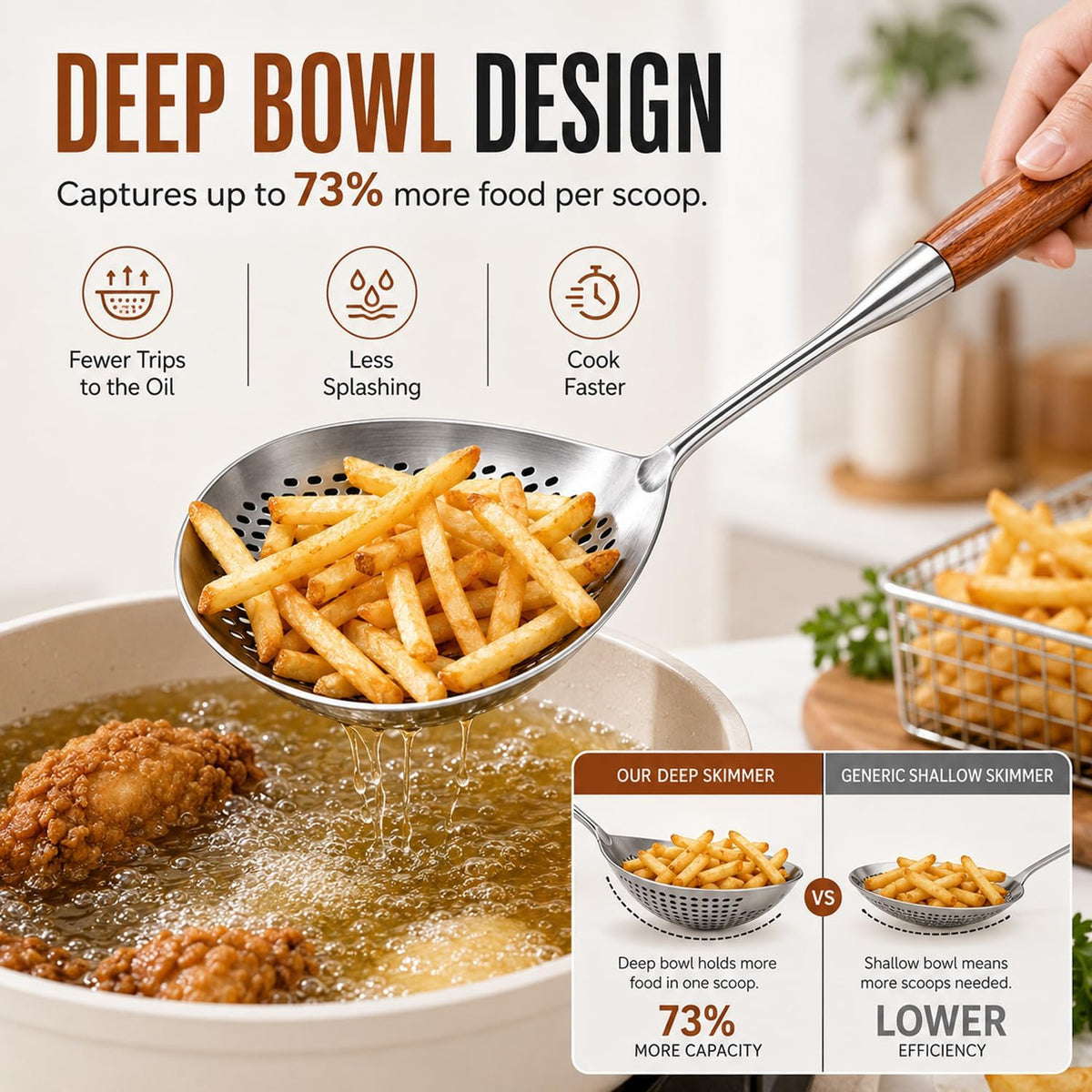 Wooden Handle Stainless Steel Skimmer, Skimmer Slotted Spoon, Skimmer Ladle Spoon with Heat-Resistant Long Handle, Extra Thick Spider Strainer for Deep Frying, Boiling & Fast Oil Draining (2)