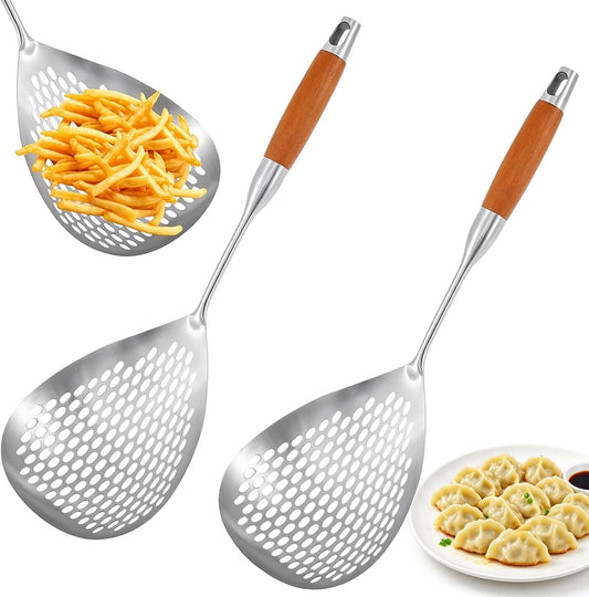 2 Pack Large Slotted Spoon with Wooden Handle, 16.42 Inch 304 Stainless Steel Skimmer with Hanging Holes, Heat Resistant & Anti-Scald Extra-Large Strainer for Kitchen Cooking, Frying, Pasta, Draining