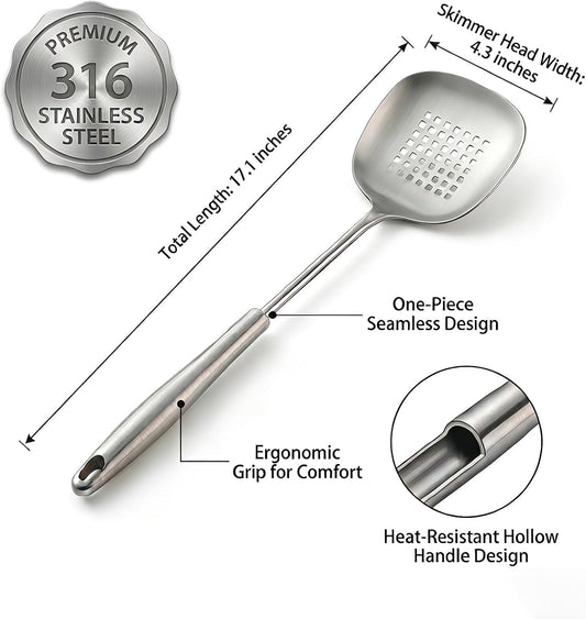 316 Stainless Steel Skimmer Spoon,17.1" Extra Long Slotted Spoon for Frying,One-Piece Ergonomic Cooking Skimmer with Cool-Touch Hollow Handle,Heavy Duty Kitchen Strainer for Pasta,Wok