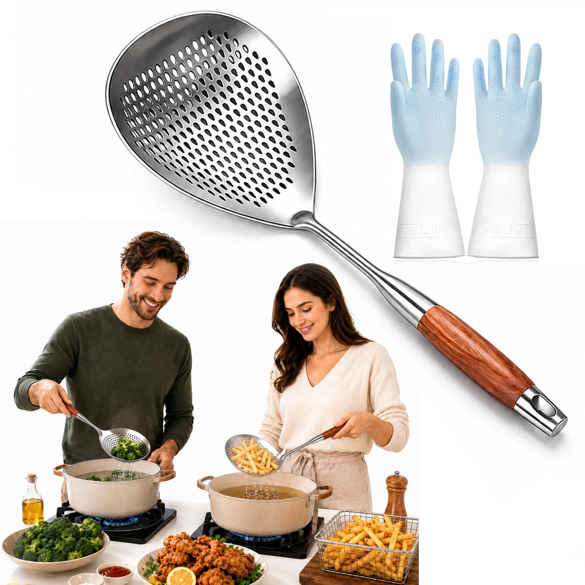 Wooden Handle Stainless Steel Skimmer, Skimmer Slotted Spoon, Skimmer Ladle Spoon with Heat-Resistant Long Handle, Extra Thick Spider Strainer for Deep Frying, Boiling & Fast Oil Draining (2)