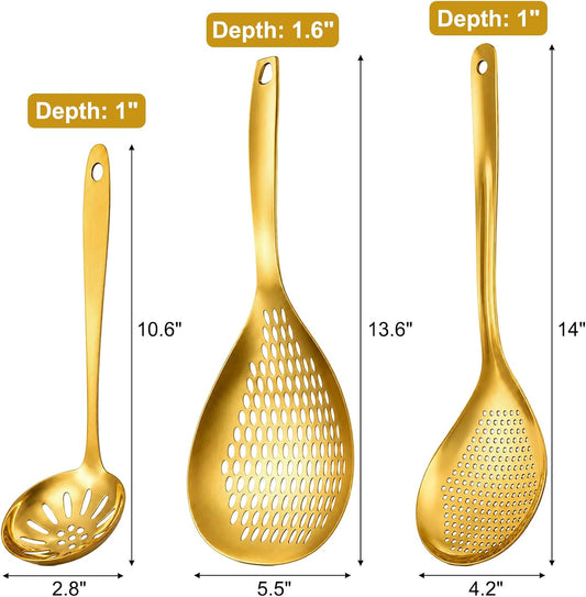 3 Pack Skimmer Slotted Spoon, Stainless Steel Kitchen Spider Strainer Ladle with Long Handle for Straining Pasta/Cooking/Frying/Noodle, Metal Kitchen Utensils Pasta Spoon (Gold)
