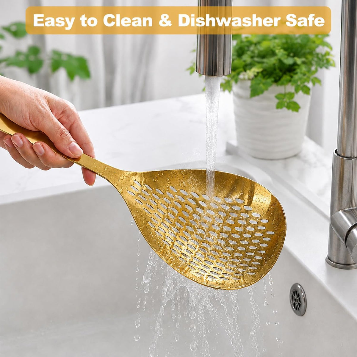 3 Pack Skimmer Slotted Spoon, Stainless Steel Kitchen Spider Strainer Ladle with Long Handle for Straining Pasta/Cooking/Frying/Noodle, Metal Kitchen Utensils Pasta Spoon (Gold)