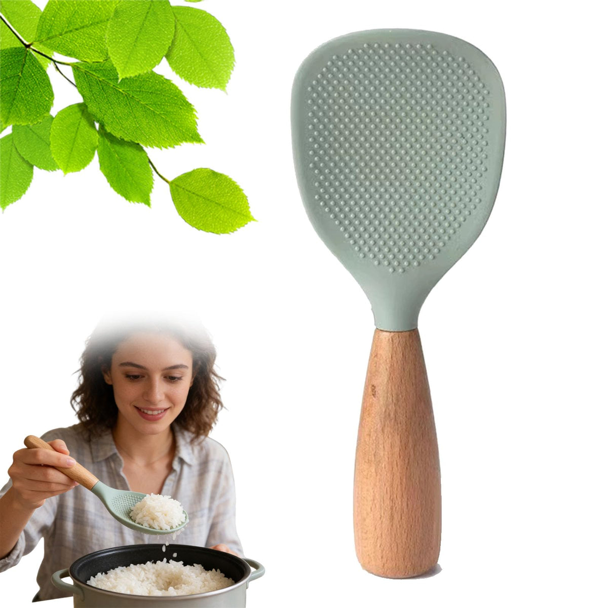 Short Wooden Handle Silicone Spatula, Silicone Standing Rice Spatula with Non-stick Wooden Paddle, Heat Resistant Rice Cooker Spoon for Cooking, Mixing, Serving (White)