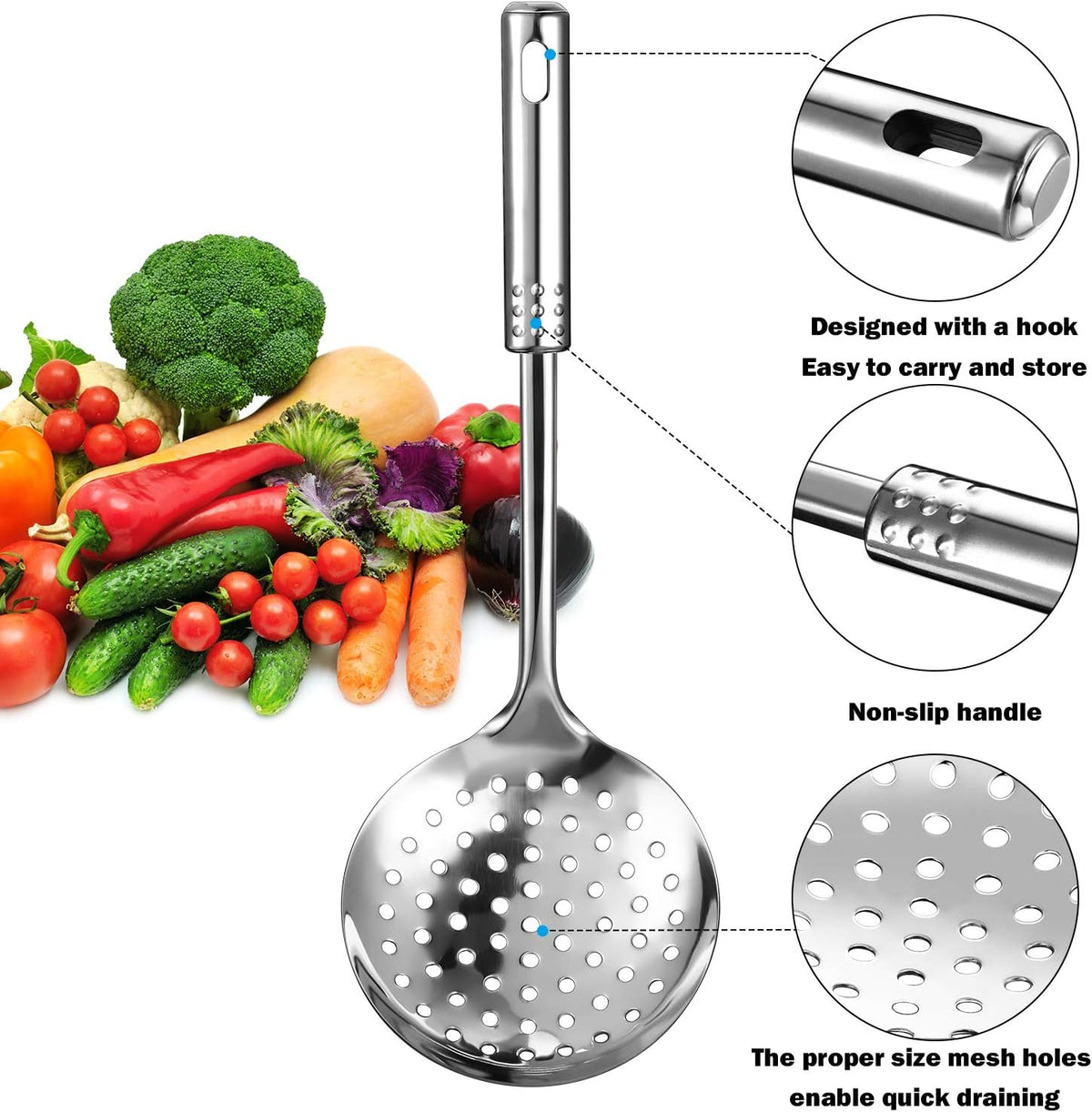 2 Pieces Stainless Steel Cooking Colander Skimmer Slotted Spoon Kitchen Strainer Ladle with Long Handle for Kitchen Cooking Baking, 13.4 Inch