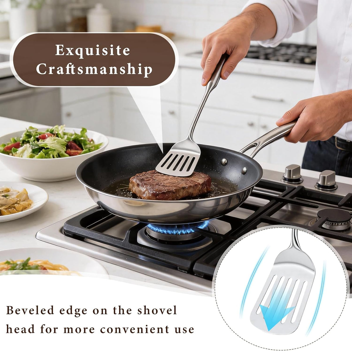 Wok Spatula Set, Stainless Steel Turner & 4-Piece Cooking Utensils, Metal Kitchen Utensil Set Include Solid Slotted Turner, Serving Spoon, Ergonomic Handle, Easy Clean