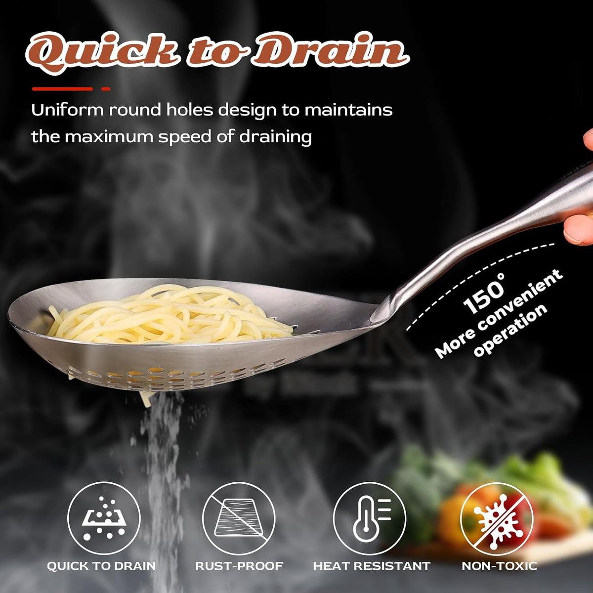 Skimmer Slotted Spoon -16.5" 304 Stainless Steel Pasta Spider Strainer Skimmer Ladle Spoon for Cooking and Frying - Kitchen Metal Scoop Colander Strainer Spoon with Heat Resistant Handle