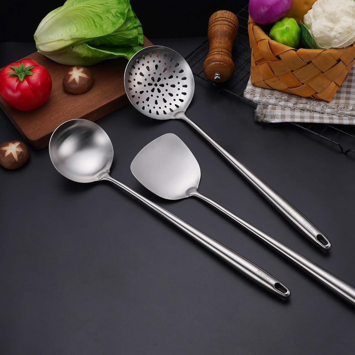 17″ Wok Spatula and Ladle, Skimmer Spoon - 304 Stainless Steel Wok Tool Set