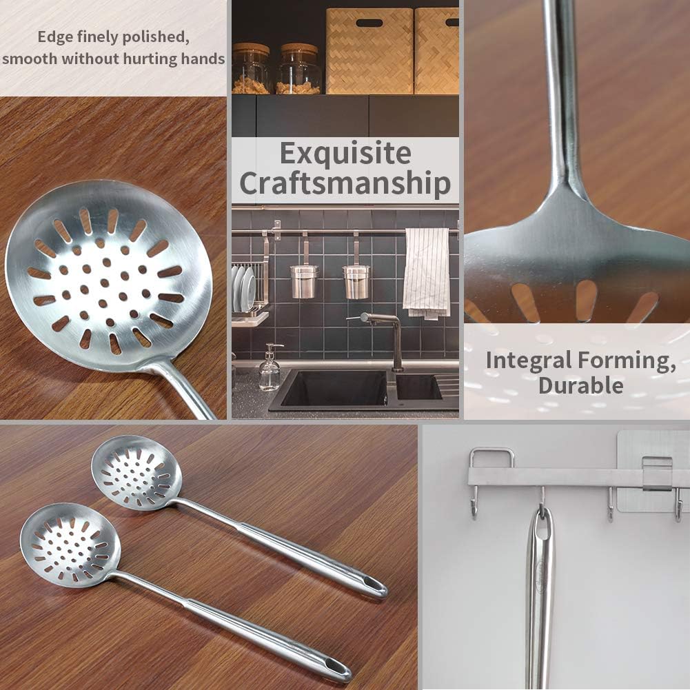 Newness Slotted Spoon, [Rustproof, Heat Resistance, Integral Forming] Durable 304 Stainless Steel Skimmer Spoon with Vacuum Ergonomic Round Handle, Cooking Strainer Spoon for Kitchen, 15.47 Inches