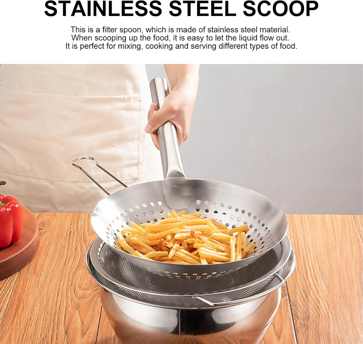 Slotted Spoon Stainless Steel, 16.9 Inch Heavy Duty Skimmer with Handle, Kitchen Strainer Ladle for Kitchen, Diameter 9.4 Inches