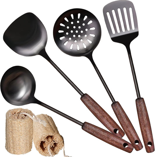 MARTE 15" Wok Spatula Turner and Ladle,Skimmer Spoon Tool Set - 18/10 Stainless Steel Vintage Cooking Utensils Set - Set of 4 High Grade Titanium Plating Kitchen Wok Utensils with Solid Wooden Handle