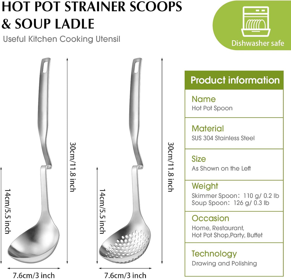 Patelai 4 Pcs Hot Pot Slotted Ladle Set Stainless Steel, Silver