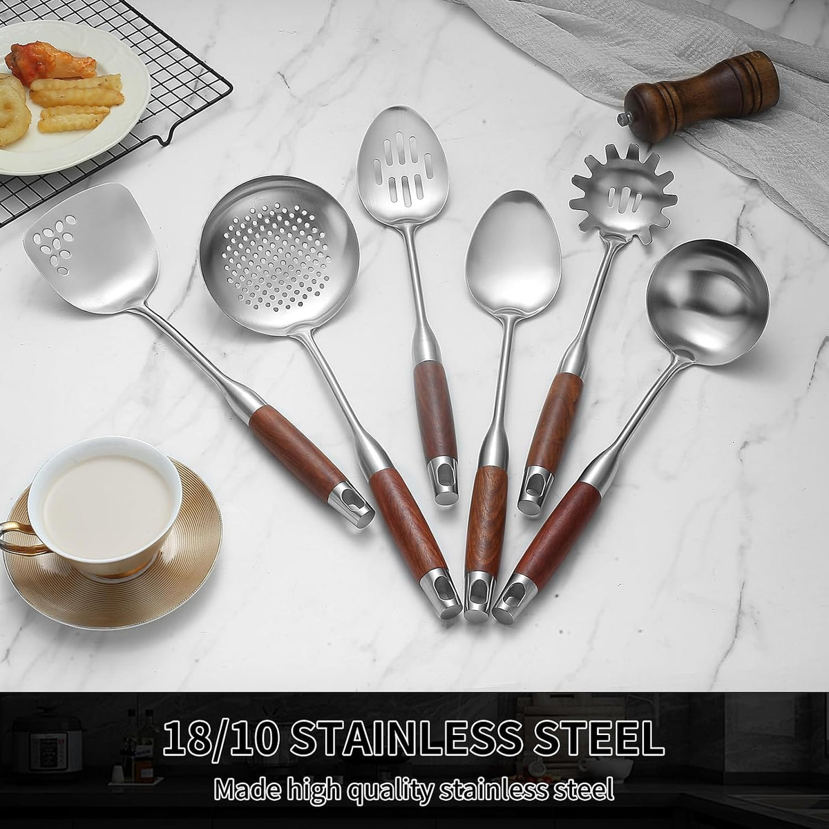 Izurok 18/10 Stainless Steel Kitchen Utensils Set,6 Piece Cooking Utensils With Wood Handle,Heat Resistant Kitchen Tool Set With Spatula, Spoon, Ladle, Skimmer, Slotted Spoon, Pasta