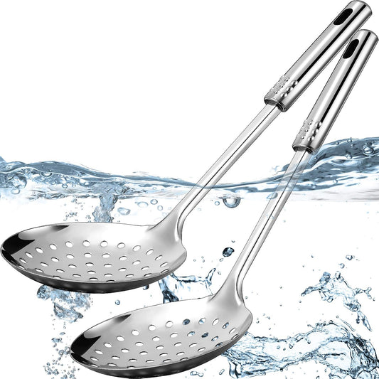 2 Pieces Stainless Steel Cooking Colander Skimmer Slotted Spoon Kitchen Strainer Ladle with Long Handle for Kitchen Cooking Baking, 13.4 Inch