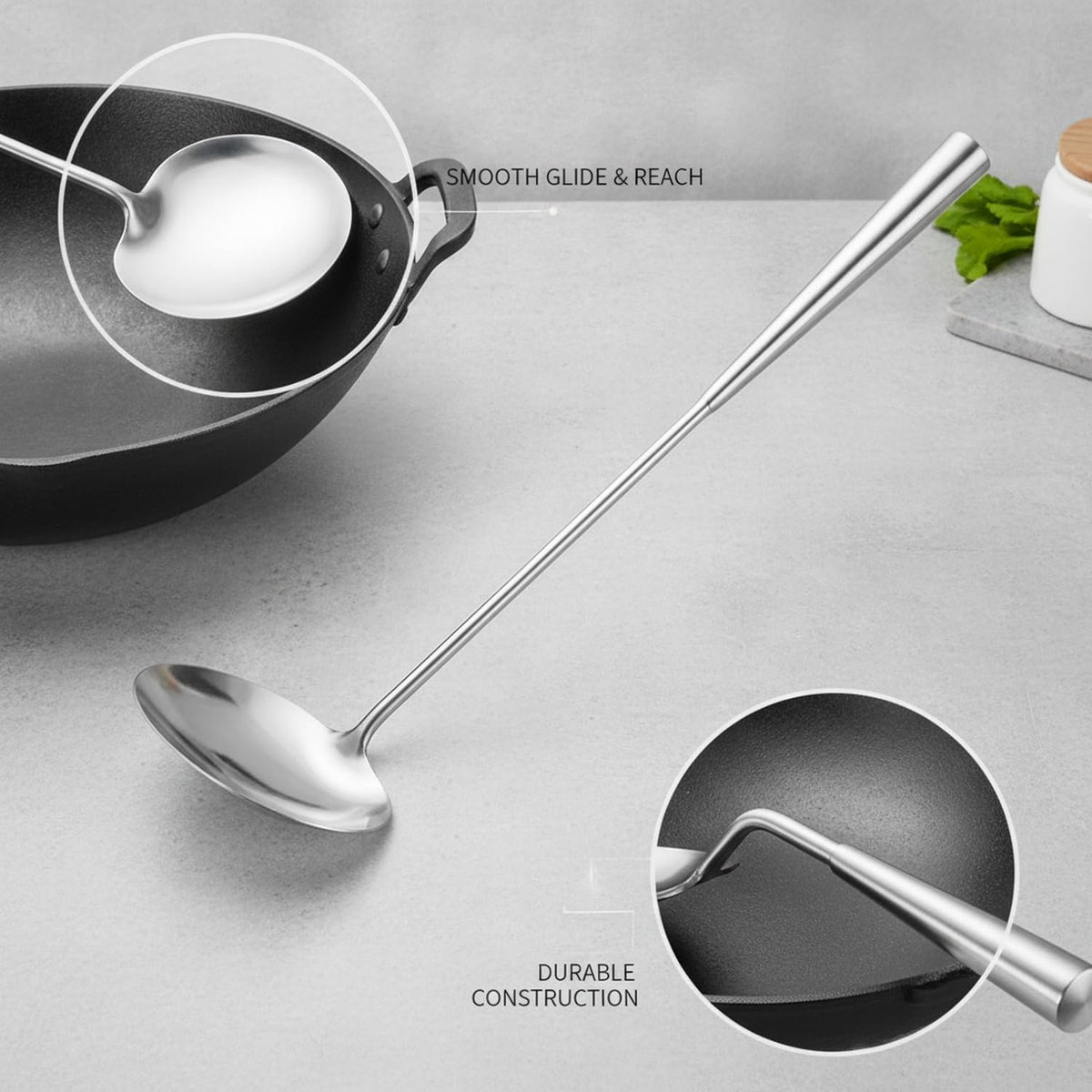 Stainless Steel Wok Spatula with Long Handle, Stir Fry Turner for Deep Woks, Silver