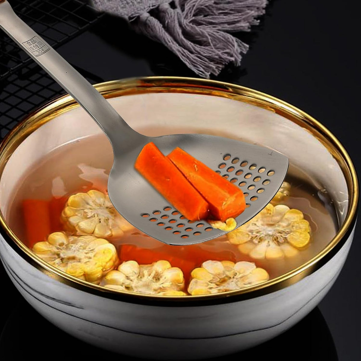 Wok Spatula for Stir Fry with Wooden Handle Stainless Steel